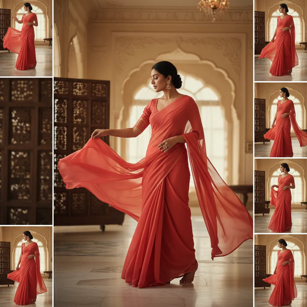 Woman gracefully draping a saree in the classic Nivi style with flowing fabric