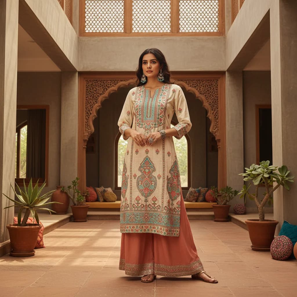 Stylish woman wearing a designer kurti paired with palazzo pants for a modern ethnic look