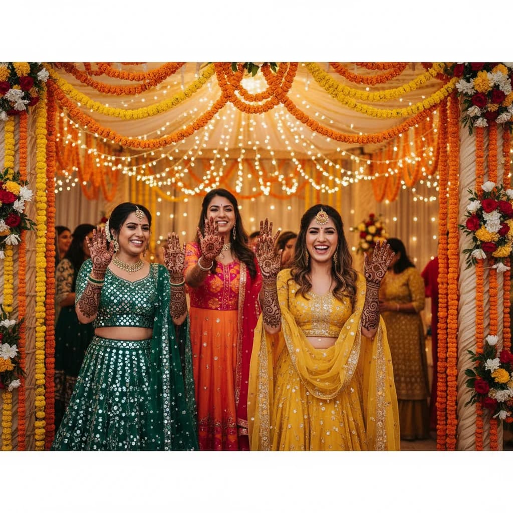 Beautiful women in vibrant traditional Indian outfits at a wedding celebration ceremony