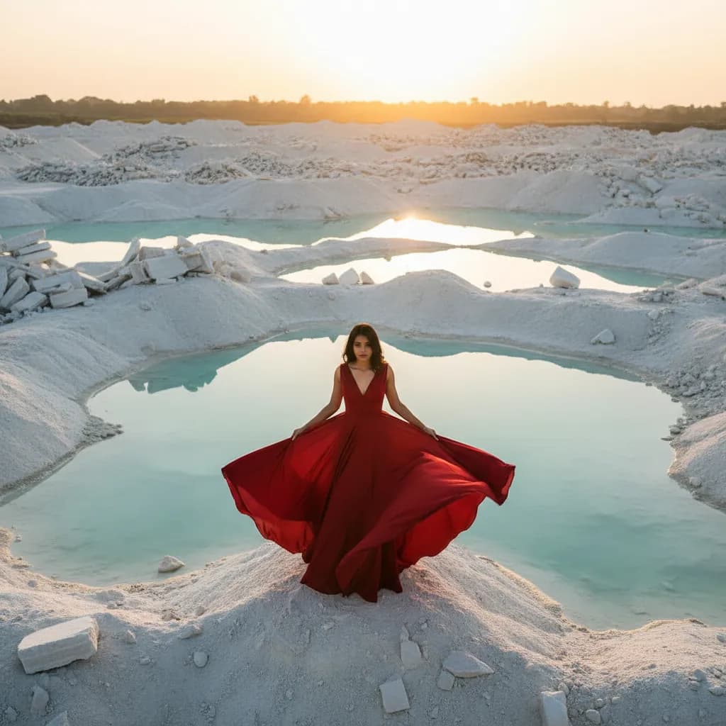 Woman in a flowing red gown at Kishangarh marble dumping yard with turquoise water pools and white marble landscape at golden hour