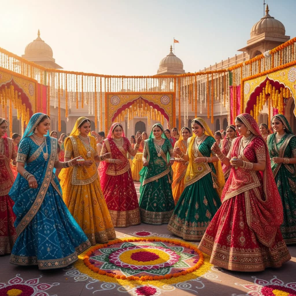 Women in colorful traditional Rajasthani outfits celebrating a festive occasion