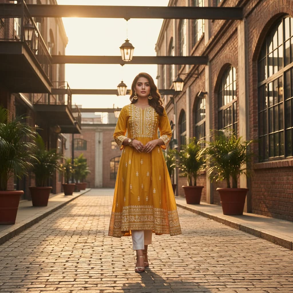 Woman wearing a trendy embroidered kurti with palazzo pants in a stylish setting