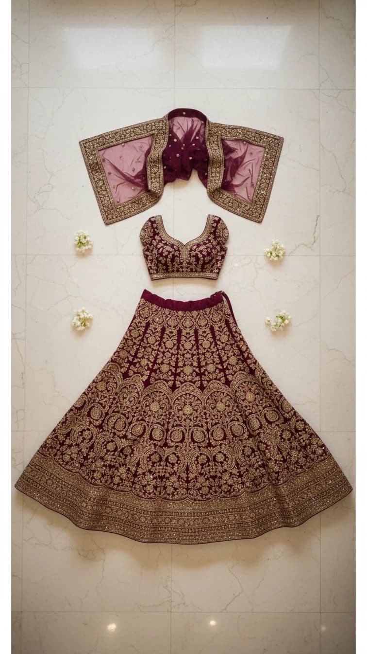Bridal Lehenga Set - Flat Lay with Jewelry