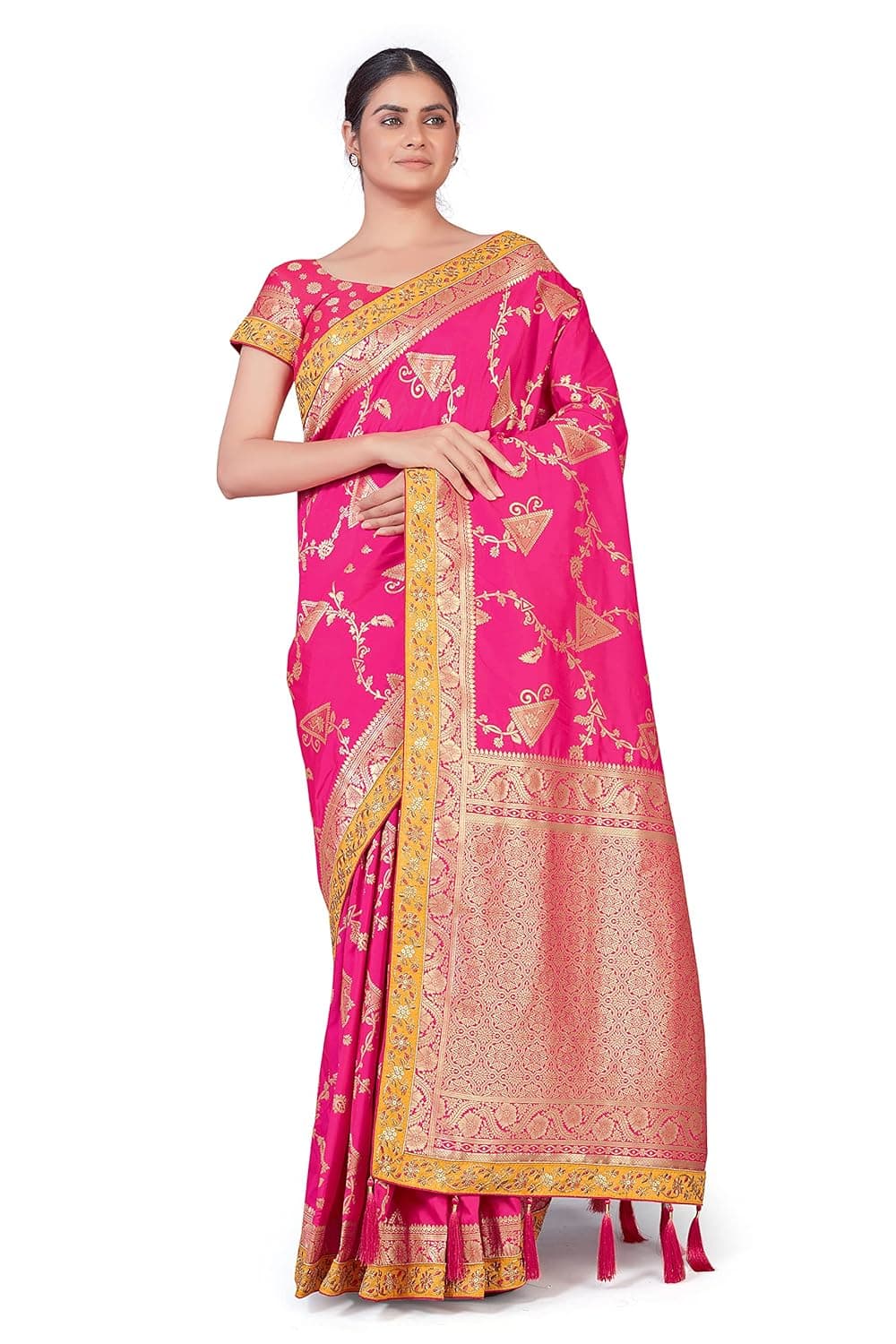 Monjolika Fashion Banarasi Silk Saree with Embroidered Blouse (Rani Pink)