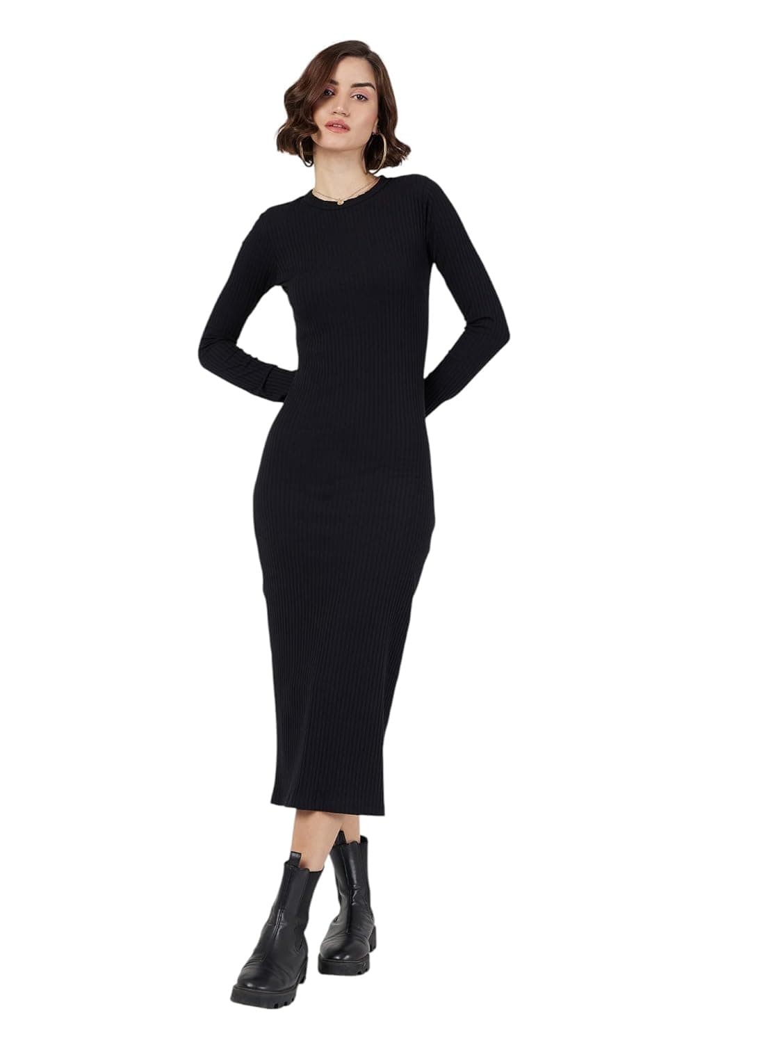 Sassafras Women Black Ribbed Bodycon Midi Dress