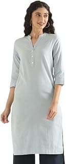 Women's Linen Straight Fit Straight Long Kurta Airy Plain Kurta, 3/4 Sleeve, Knee Length Kurtis with Pockets, Casual and Office Wear