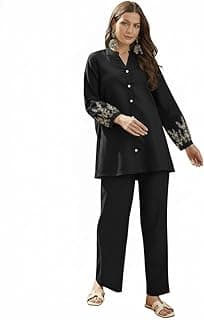 SHEINZY Elegant Embroidered Sleeve Co-Ord Set for Women | Comfortable Silk Blend V-Neck Button-Down Top Matching Pants | Stylish Casual Ethnic Wear