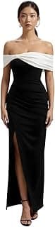 Women's Elegant Off-Shoulder Bodycon Maxi Dress with White Draped Detail, Front Slit, Slim Fit Evening Gown for Party, Cocktail