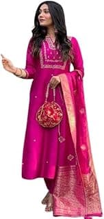 Women's Viscose Silk Heavy Embroidered Straight Kurta With Trouser & Banarasi Jacquard Dupatta Set