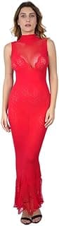 Red Sleeveless Lace Maxi Dress with Mock Neck and Mesh Detail