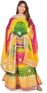 Women's Rajasthani Traditional Bhandej Hand Gota Patti Work Lehnga Choli Chunni Set