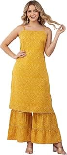 Women's Summer Cotton Kurta Set with Palazzo/Sharara – Sleeveless Kurti/Kurta, Traditional Ethnic Outfit for Girls, Wedding, Festive, Casual, Office &