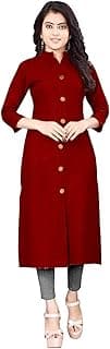 Cotton Blend Straight Fit Plain and Solid Front Slit Mandarin Collar Kurtis Top for Women with Button Pattern