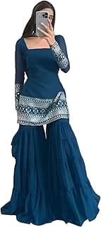 Shishkala Women’s Royal Blue Georgette Sharara Suit Set with Heavy Embroidered Kurta, Dupatta & Palazzo | Festive, Wedding & Party Indian Ethnic Outfi
