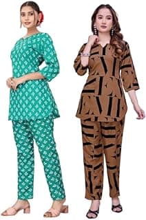 Women's Cotton Blend Printed Co-ord Set | V-Neck Kurti & Pant Set | Daily, Casual & Lounge Wear