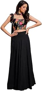 Women's Embroidered Lehenga Choli Set, Black Floral Sequin Work Crop Top with Georgette Skirt and Dupatta, Fully Stitched Ready to Wear