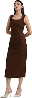 Women Formal Dress | Bodycon Fit Midi Length Square Neck Sleeveless Solid Pattern | Ribbed Texture & Stretchable Fabric for Workwear & Cocktail Events