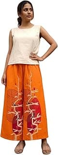 Women Cotton Printed Palazzo Pants Elastic Waist Summer Plazo for Ladies Soft Breathable Ethnic Casual Wear Palazzo for Kurti (Orange & Red)