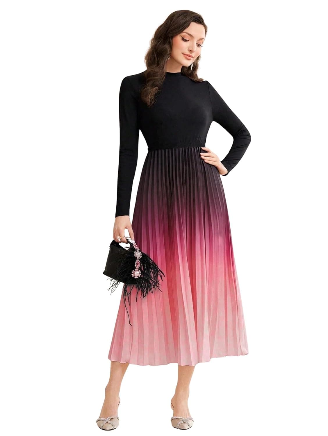 LITZO Dress for Women || Women’s Ombre Pleated Maxi Dress || Elegant Long Sleeve Gradient A‑Line Gown for Parties & Casual Outings || Lightweight Comfortable Casual Wear (T-L-19-20)