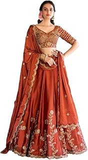 Women's Orange Sequence Embroidery Work Silk Semi-Sttiched Lehenga Choli-JH290ORG