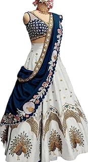 Women's Satin Silk Embroidery Lehenga Choli (Wedding-Party-Bridal-Lehenga-White) Free Size | Finish Type: Semi-stitched