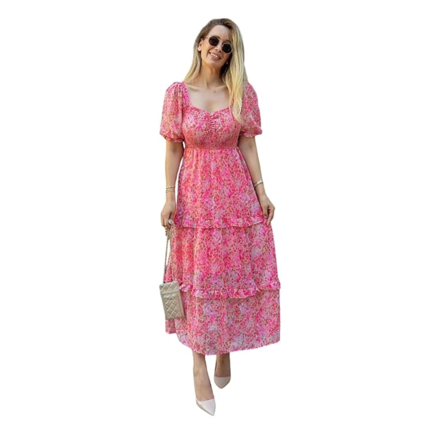 Sheetal Associates Women's Floral Puff Sleeve High Waist A Line Flowy Long Dress