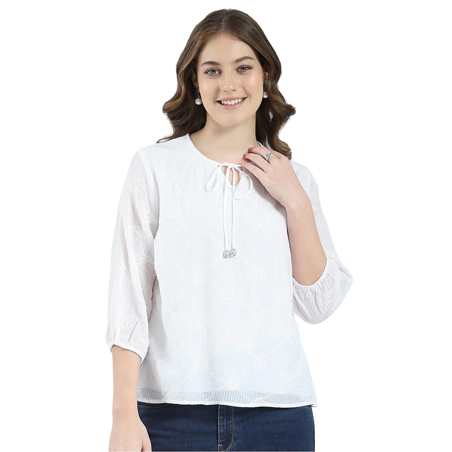 Monte Carlo Women's Regular Fit Self Designed Round Neck Top | 3/4 Sleeve | Casual Wear | Stylish & Comfortable | Everyday Wear Top for Women