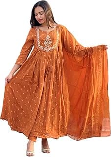 Women's Cotton Embroidery Anarkali Kurti and Pant with Dupatta Set