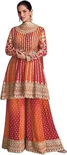 Dual Tone Strip Chinon Heavy Embroidered Stitched Sharara Suit Set With Dupatta (ME-1129)