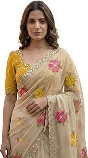 Handcrafted Floral Embroidered Saree with Contrast Blouse