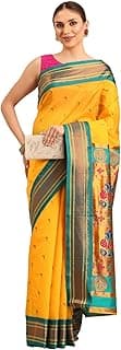 Muniya Paithani Saree, Silk Blend 5.5 Meter Traditional Maharashtrian Saree with Copper Zari Border, Peacock Pallu & Unstitched Blouse