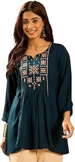 RR Enterprises Women’s Rayon 3/4 Sleeve Round Neck Printed Embroidery Short Kurti Stylish Ethnic & Casual Wear Top for Office Prefer for College & Dai