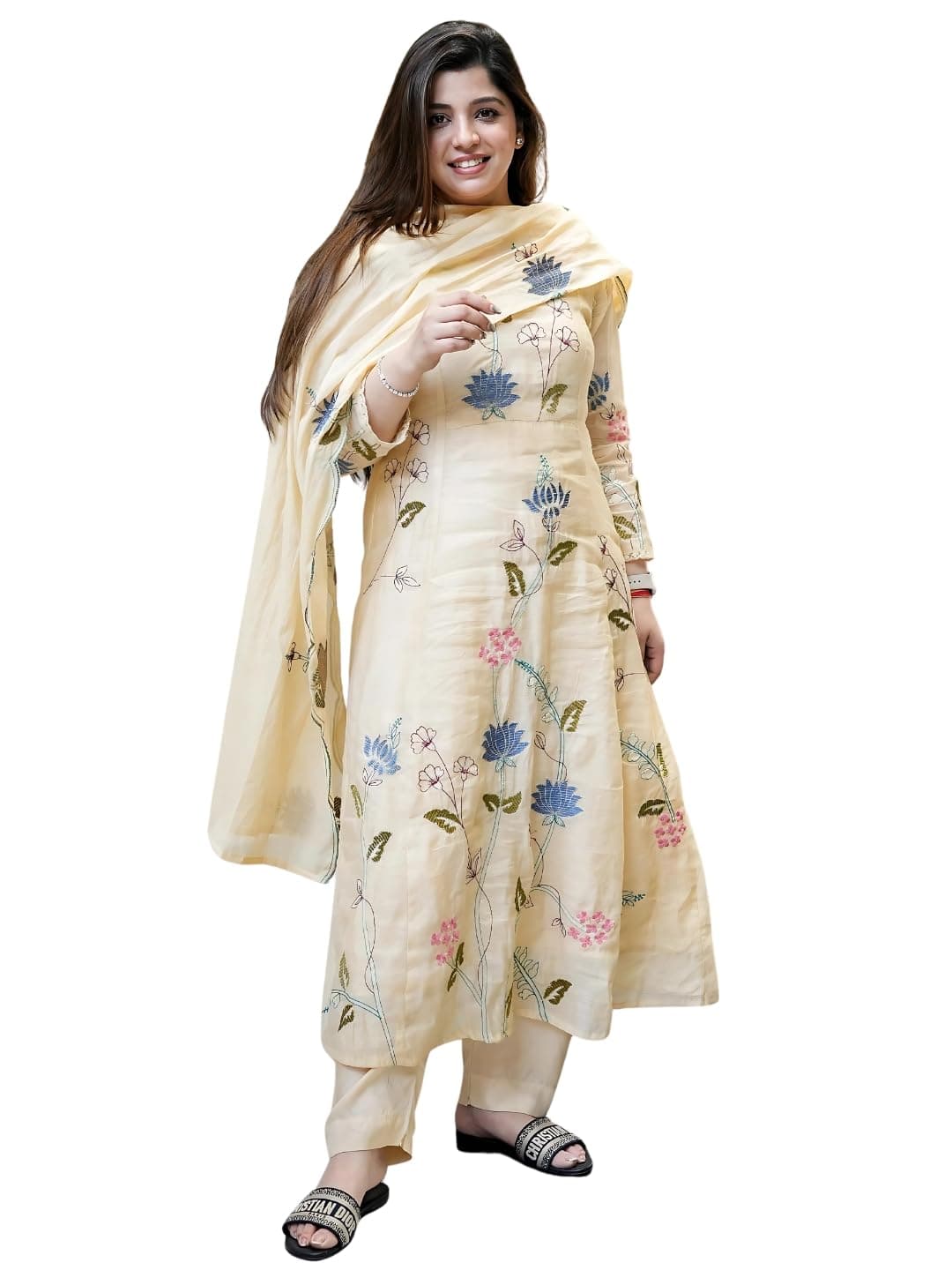 Naixa Women's Chanderi Viscose Embroidered Flared Kurta with Pant and Dupatta Sets (NX-S-Jannat)