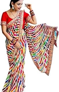 Rajasthani Leheriya Saree for Women, Multi Color Printed Georgette with Blouse Piece, Traditional Bandhej Lahariya, Festival Party & Daily