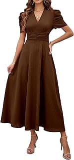 Girl's & Women's Solid Color V-Neck A-Line Maxi Dress for Women | New Year Party Outfit | Waist Cinched Puff Sleeve Western | Elegant Casual Wear (Dre