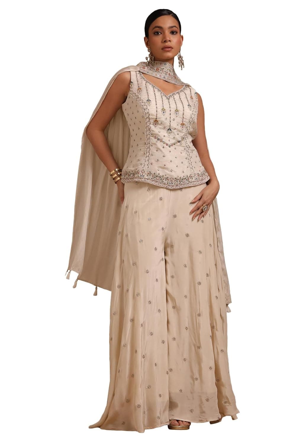 Soch Womens Off White Viscose Blend Suit Set With Beads And Stones