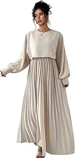 Dress for Women || Women’s Solid Pleated Maxi Dress || Modest Long Sleeve Loose Fit Flowy Gown for Casual, Office & Brunch || Lightweight Comfortable 