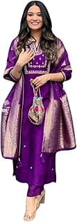 Women's Viscose Silk Heavy Embroidered Straight Kurta With Trouser & Banarasi Jacquard Dupatta Set