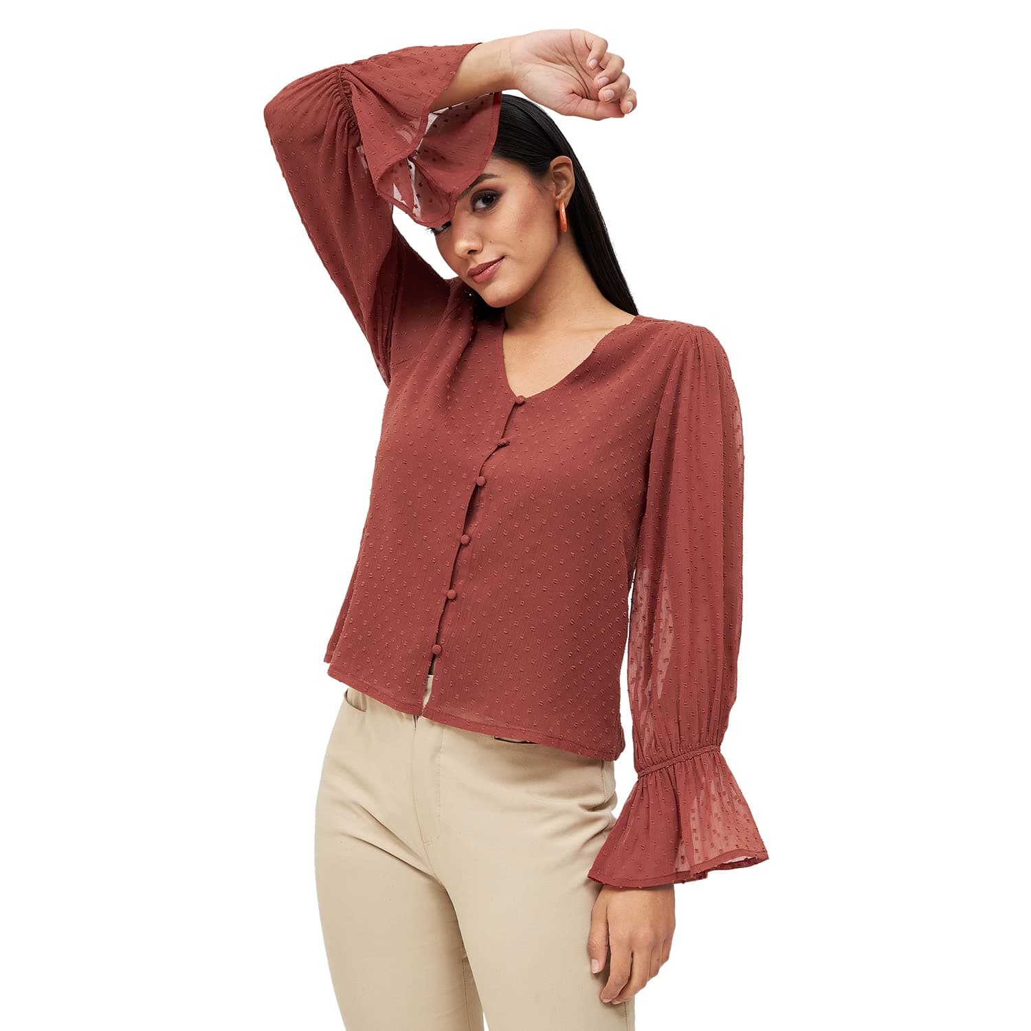 KIBO Casual Women's Textured Polyester V Neck Top Brown