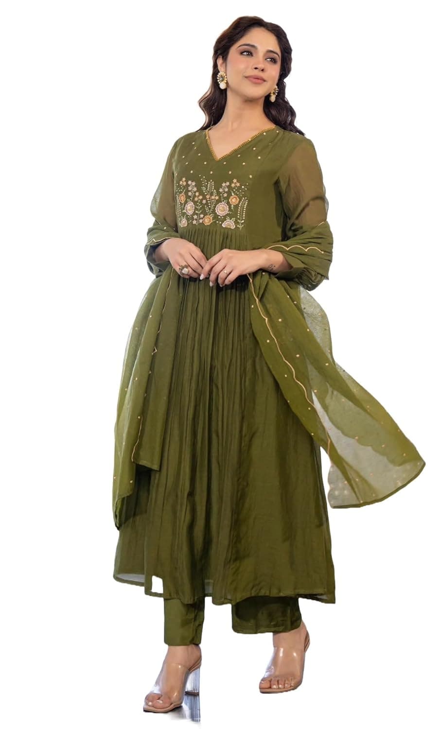 Nermosa Women Embroidery Solid Anarkali Kurta and Pant Set with Dupatta