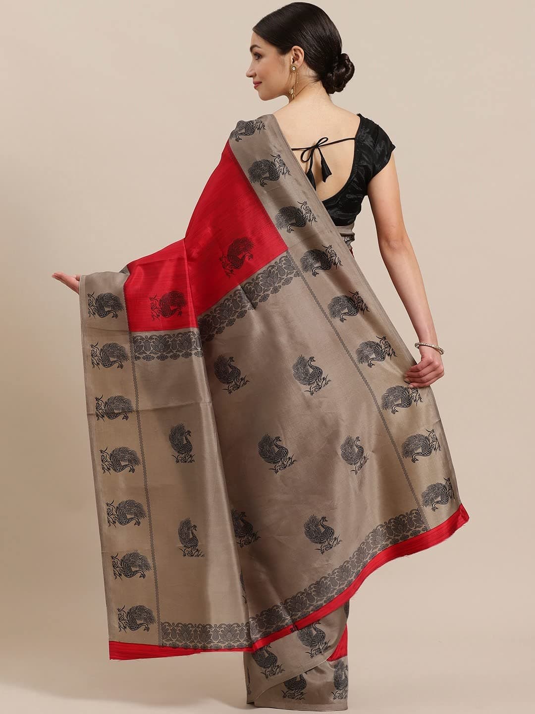 Ishin Women's Art Silk Maroon & Taupe Printed Saree
