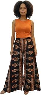 Women Cotton Printed Palazzo Pants Elastic Waist Summer Plazo for Ladies Soft Breathable Ethnic Casual Wear Palazzo for Kurti (Orange & Black.)