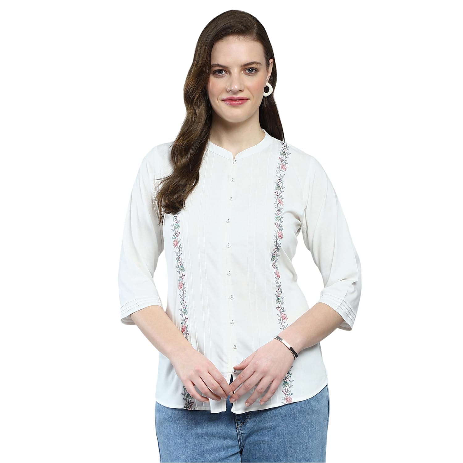 Monte Carlo Women's Embroided Round Neck Top | 3/4 Sleeve Casual Wear | Stylish & Comfortable | Everyday Top Wear for Women