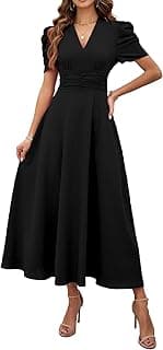 Girl's & Women's Solid Color V-Neck A-Line Maxi Dress for Women | New Year Party Outfit | Waist Cinched Puff Sleeve Western | Elegant Casual Wear (Dre