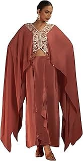 Designer Pure Crepe Embroidered Kaftan Crop Top with Stylish Draped Skirt Set for Women l Sequin Detailing Kaftan Cape Co-ord Set l Ethnic Gatherings,