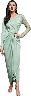 Women's Fit and Flare Full Length Pleated V-Neck Full Sleeve Dress