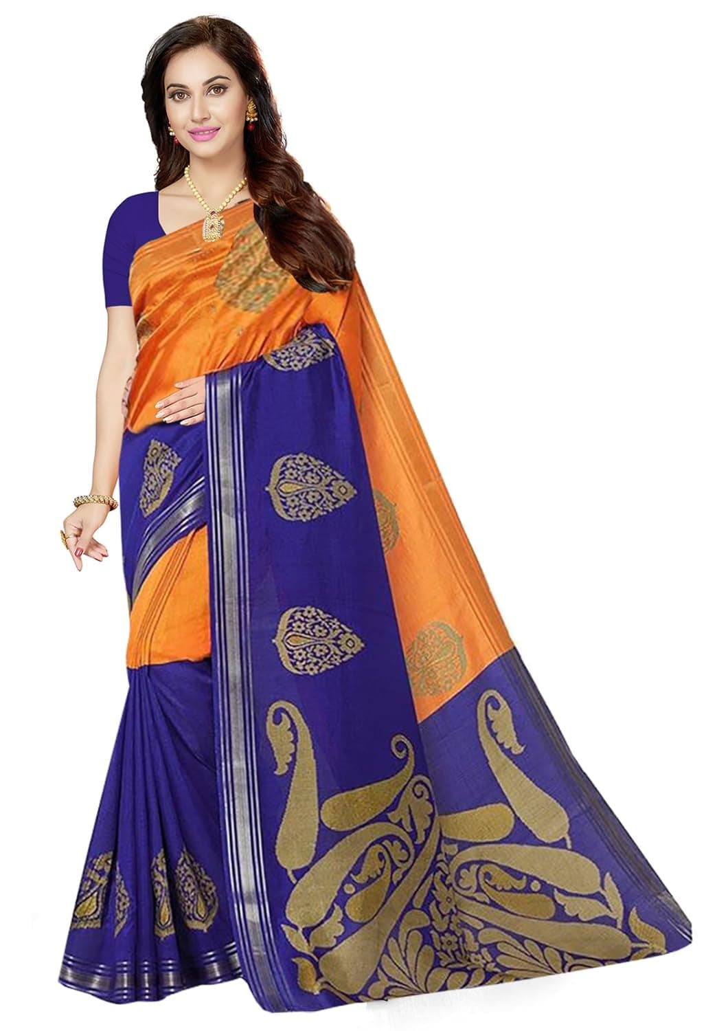 Ishin Women's Art Silk Dark Blue & Orange Saree with Blouse