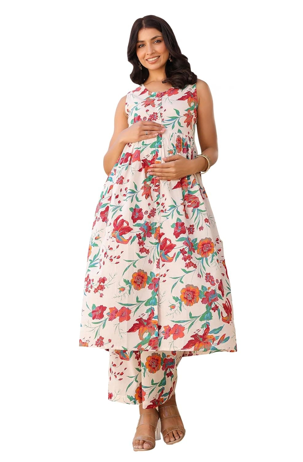 Maternity Women's Cream Pure Cotton Floral Printed A-line Maternity Kurta Pant Set