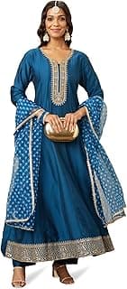Women's Embroidered Anarkali Kurta Pant Set with Organza Dupatta | A-line fit (Available in Plus Sizes)