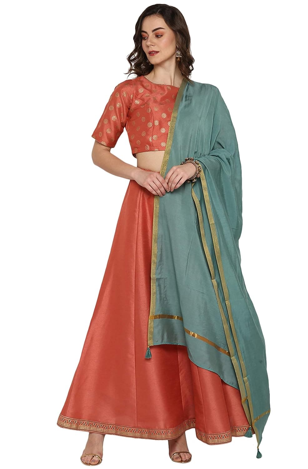 Janasya Women's Peach Silk Lehenga Choli with Gota Patti